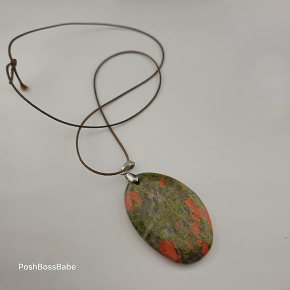 Unikite Carved Drop Pendant Natural Stone 2 inches on 24 inch Brown Cord - Picture 6 of 7